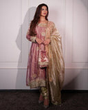 Ready To Wear Pink-Green Glass Tissue Embroidery Work Anarkali Suit With Dupatta