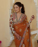 Ready To Wear Orange Net Sequence Work Saree With Blouse
