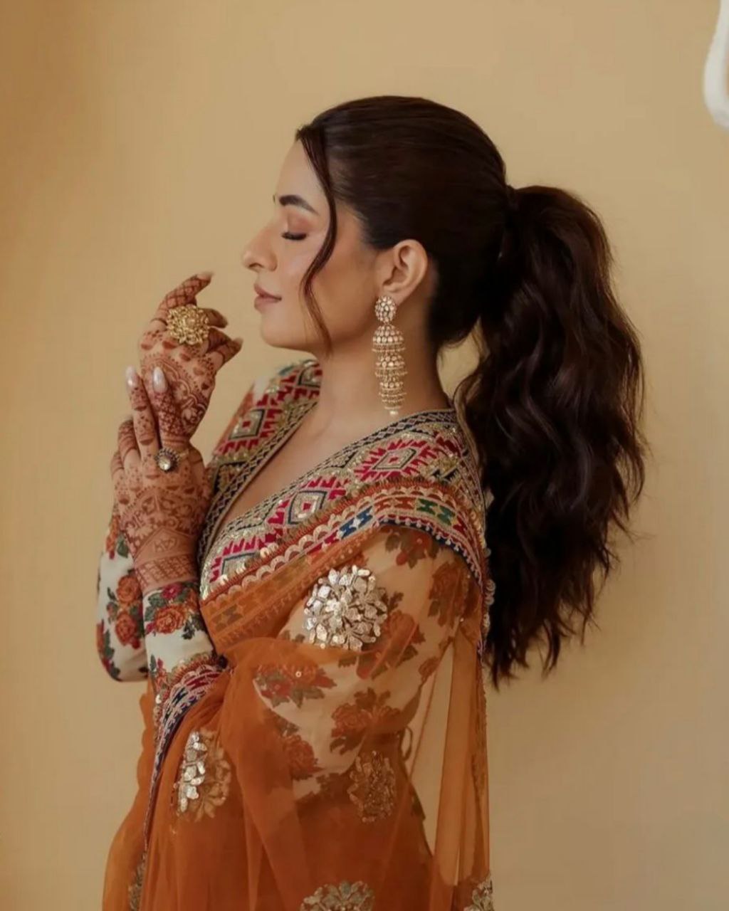 Ready To Wear Orange Net Sequence Work Saree With Blouse