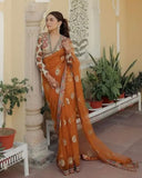 Ready To Wear Orange Net Sequence Work Saree With Blouse
