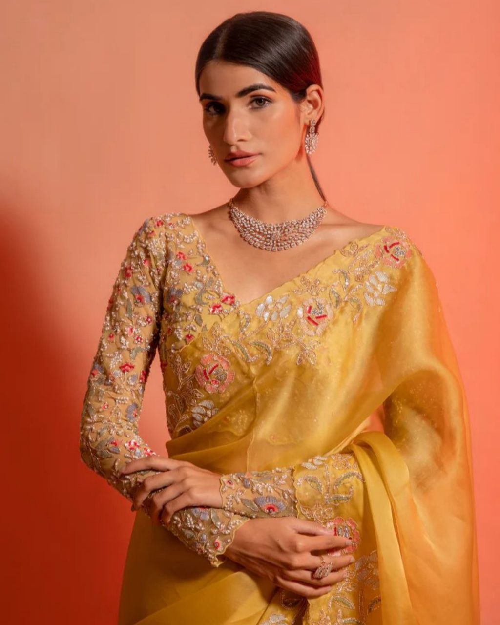 Ready To Wear Yellow Organza Silk Embroidery Work Saree With Blouse
