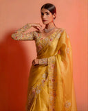 Ready To Wear Yellow Organza Silk Embroidery Work Saree With Blouse