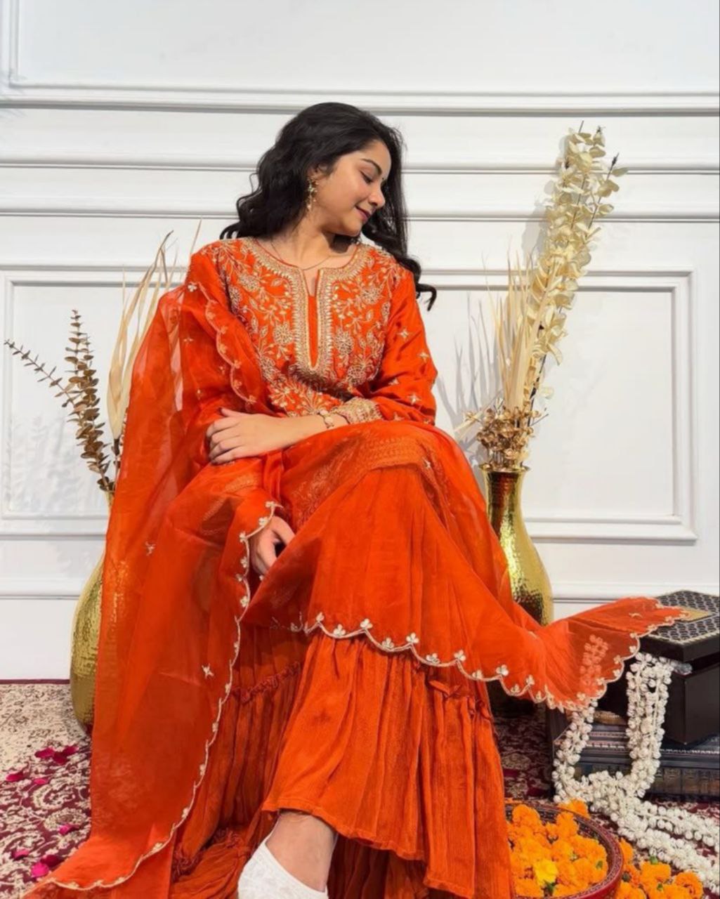 Ready To Wear Orange Chinon Silk Embroidery Work Gharara Suit With Dupatta