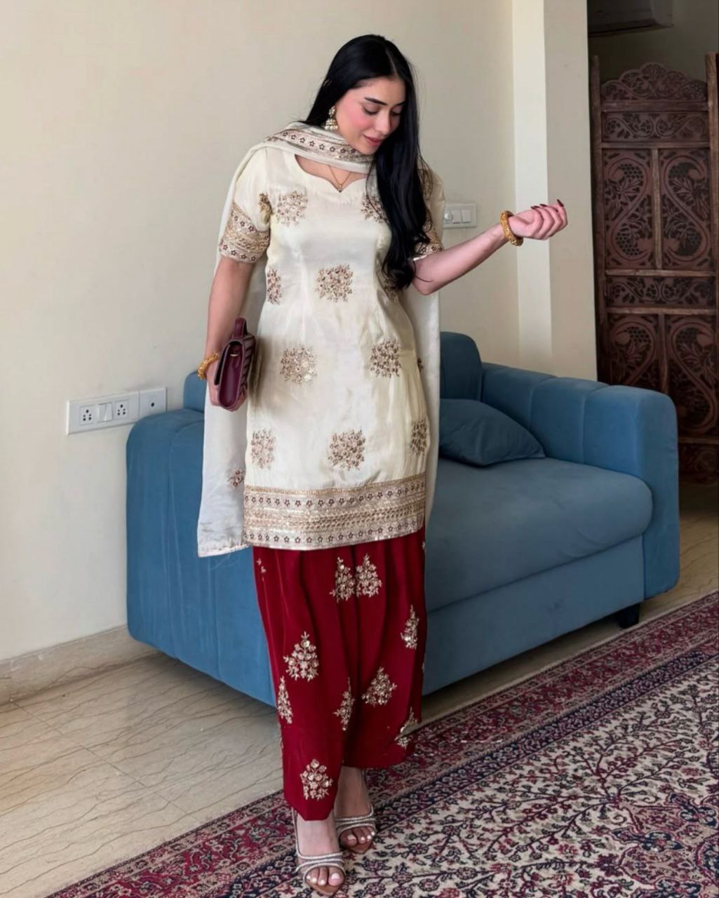 Ready To Wear Cream & Red Chinon Silk Embroidery Work Farshi Salwar Suit With Dupatta