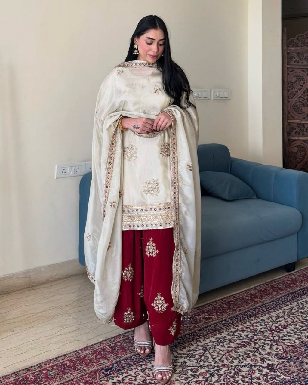 Ready To Wear Cream & Red Chinon Silk Embroidery Work Farshi Salwar Suit With Dupatta