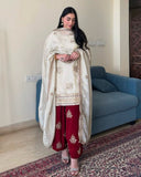 Ready To Wear Cream & Red Chinon Silk Embroidery Work Farshi Salwar Suit With Dupatta