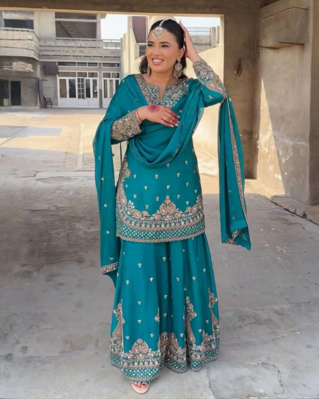 Ready To Wear Green Chinon Silk Embroidery Work Sharara Suit With Dupatta