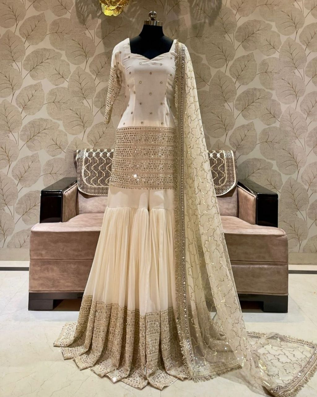 Ready To Wear Cream Pure Silk Embroidery Work Gharara Suit With Dupatta