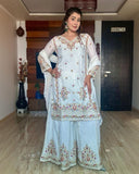 Ready To Wear White Chinon Silk Embroidery Work Sharara Suit With Dupatta