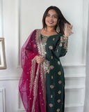 Ready To Wear Dark Green Silk Embroidery Work Pant Suit With Rani Dupatta