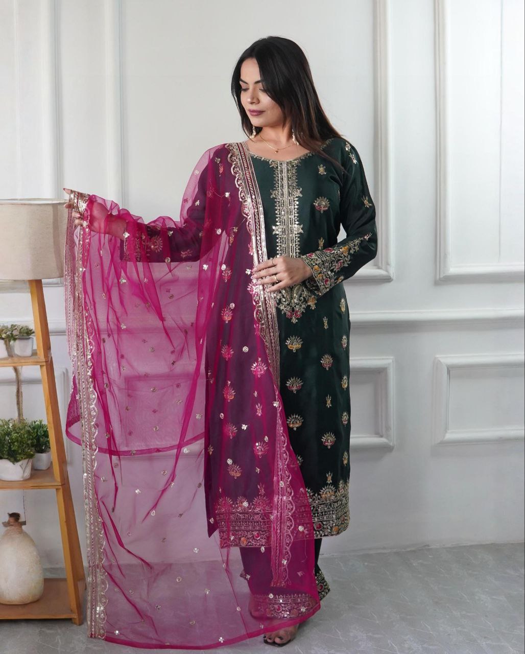 Ready To Wear Dark Green Silk Embroidery Work Pant Suit With Rani Dupatta