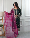 Ready To Wear Dark Green Silk Embroidery Work Pant Suit With Rani Dupatta