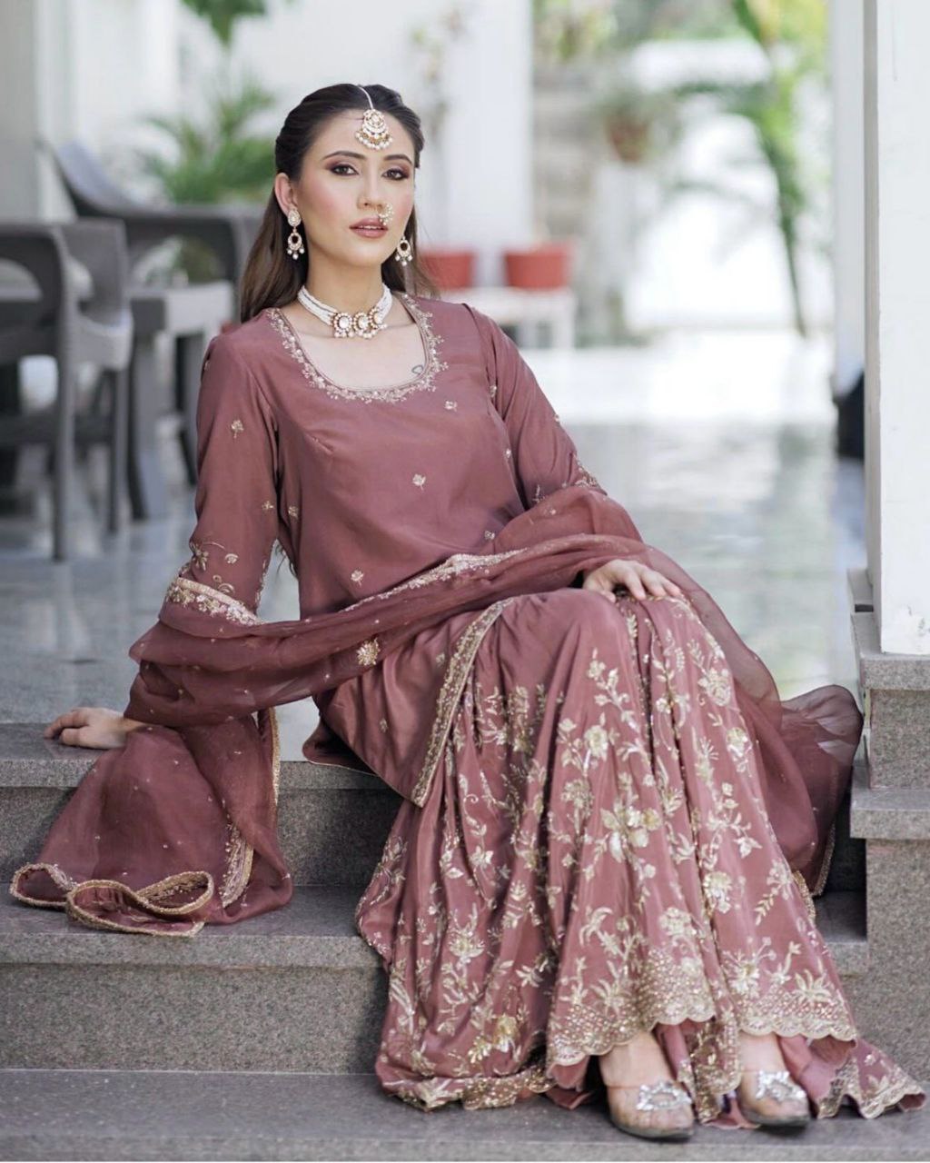 Ready To Wear Mauve Chinon Silk Embroidery Work Gharara Suit With Dupatta