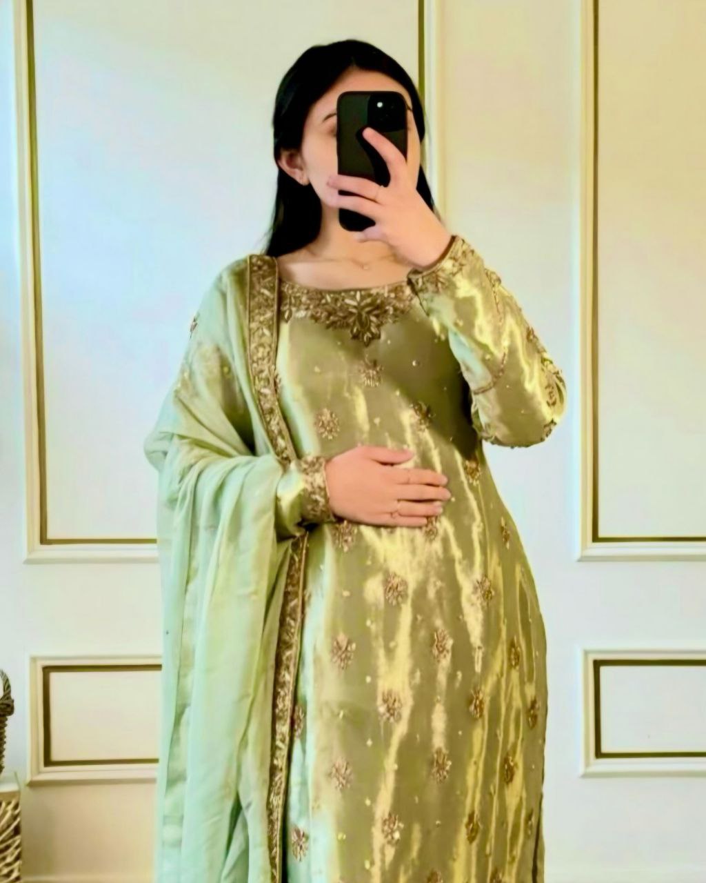 Ready To Wear Pista Green Chinon Silk Embroidery Work Pakistani Suit With Dupatta