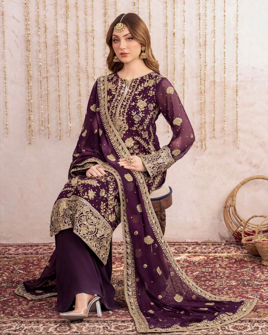 Ready To Wear Dark Purple Soft Georgette Embroidery Work Pakistani Suit With Dupatta