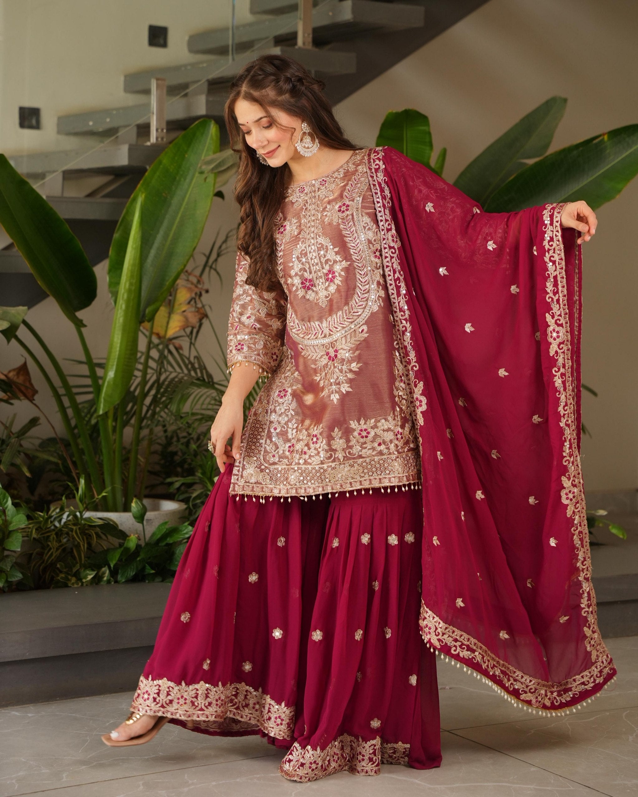 Exclusive Red & Purple Soft Georgette Sequence Work Sharara Suit With Dupatta