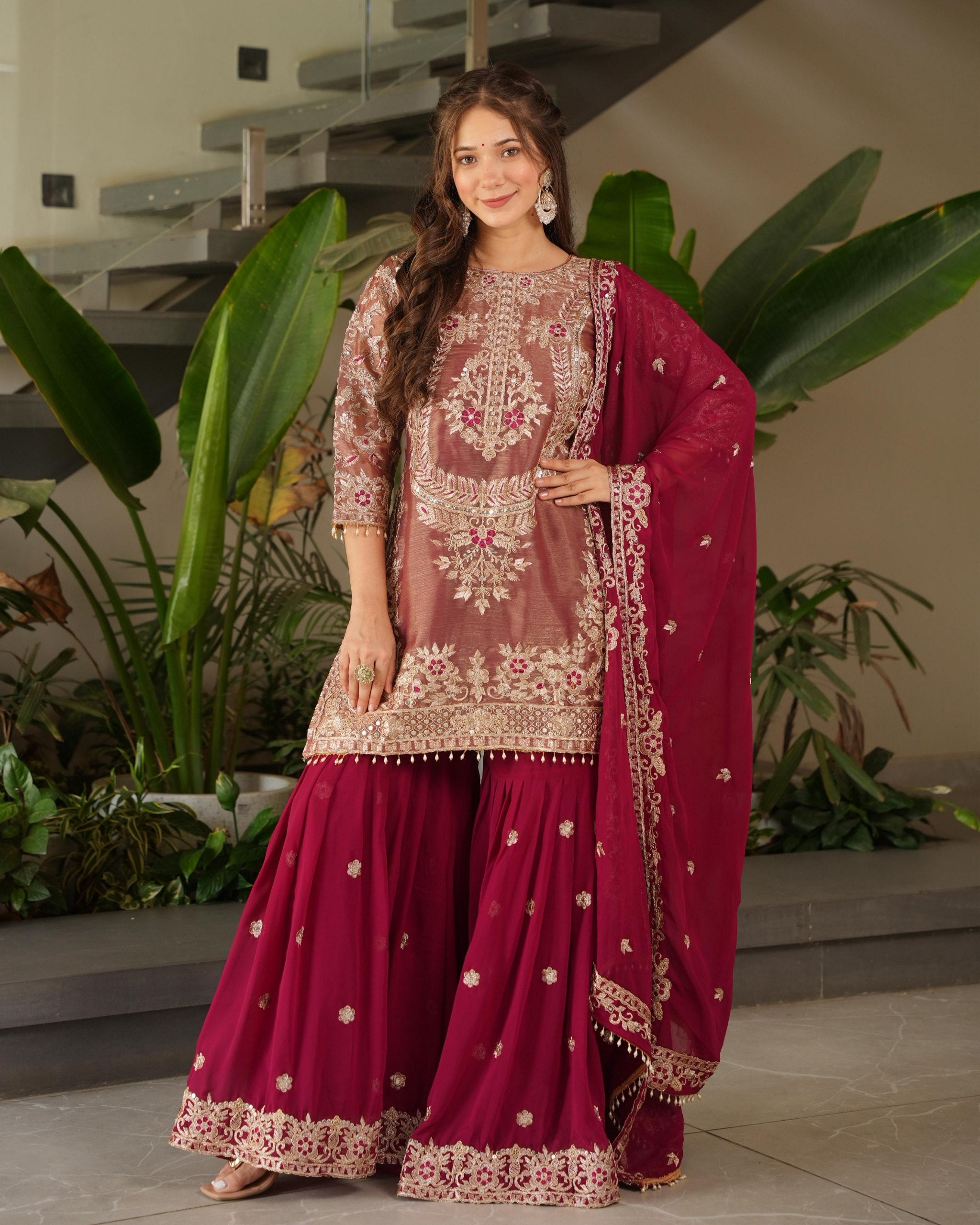 Exclusive Red & Purple Soft Georgette Sequence Work Sharara Suit With Dupatta