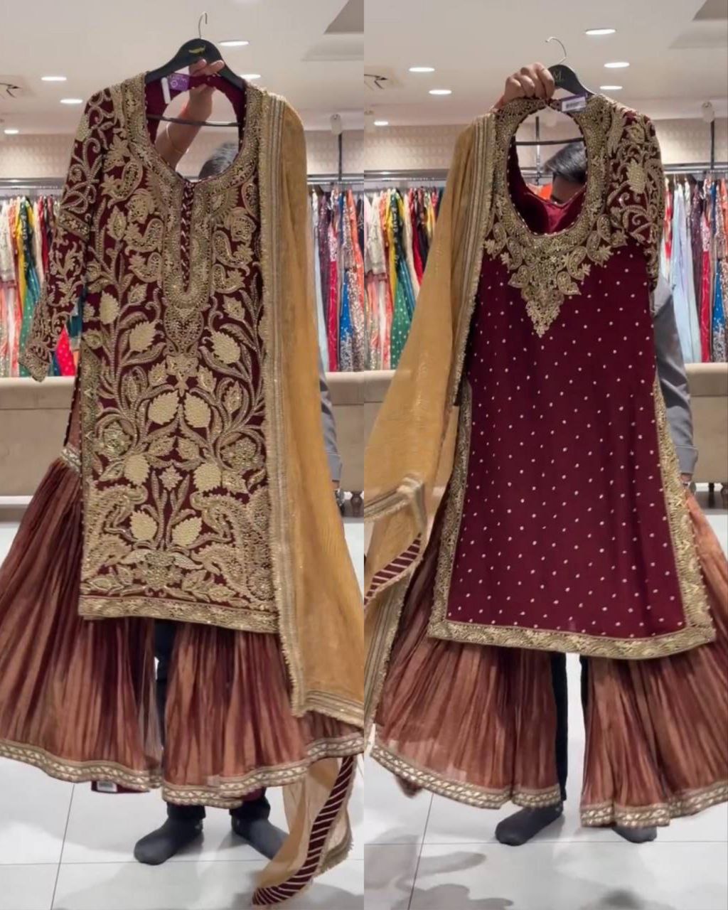 Ready To Wear Maroon-Copper Soft Georgette Embroidery Work Gharara Suit With Beige Dupatta