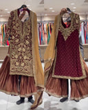Ready To Wear Maroon-Copper Soft Georgette Embroidery Work Gharara Suit With Beige Dupatta