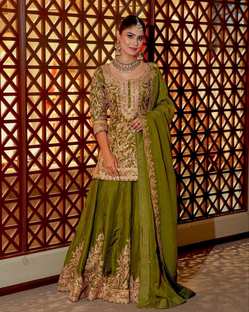 Ready To Wear Pink & Green Chinon Silk Embroidery Work Sharara Suit With Dupatta