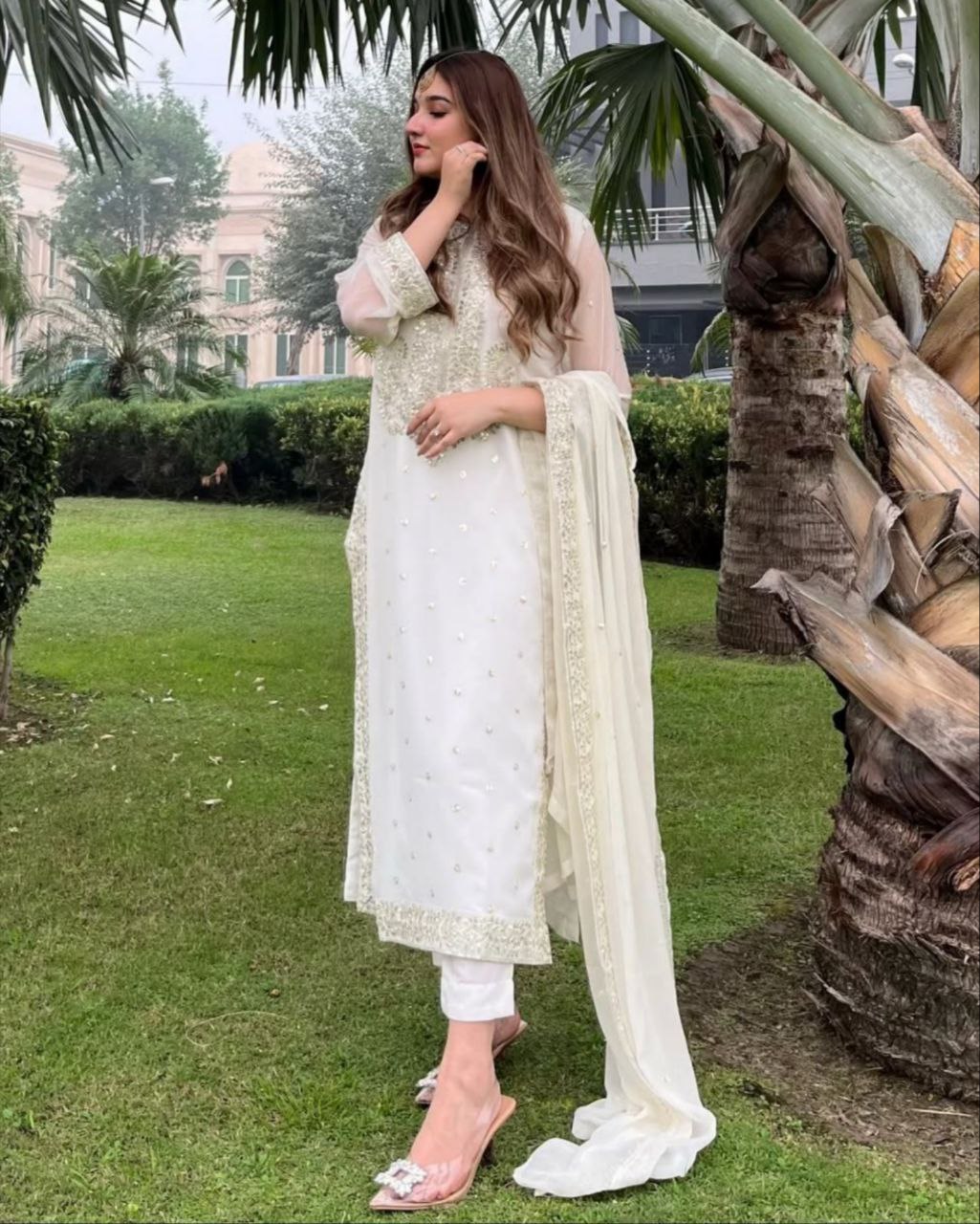 Ready To Wear White Soft Georgette Embroidery Work Pant Suit With Dupatta