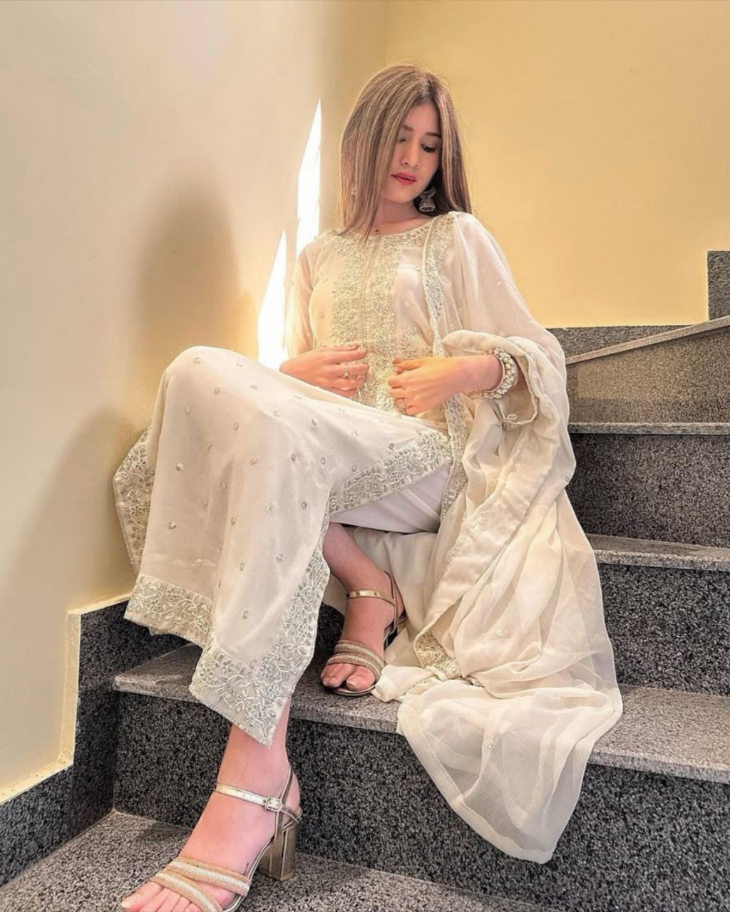 Ready To Wear White Soft Georgette Embroidery Work Pant Suit With Dupatta