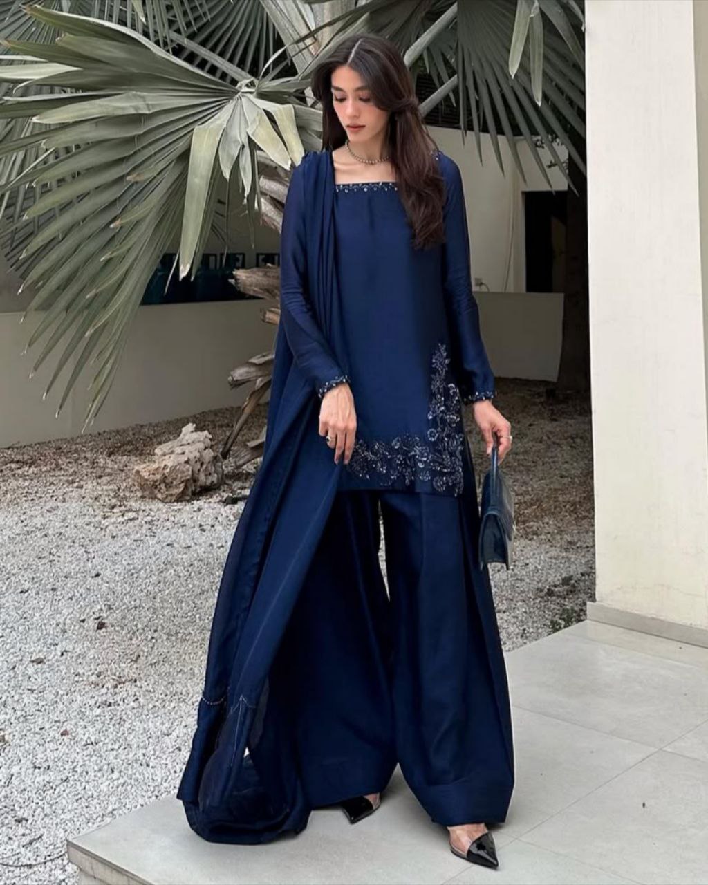 Ready To Wear Neavy Blue Crep Silk Embroidery Work Farshi Suit With Dupatta