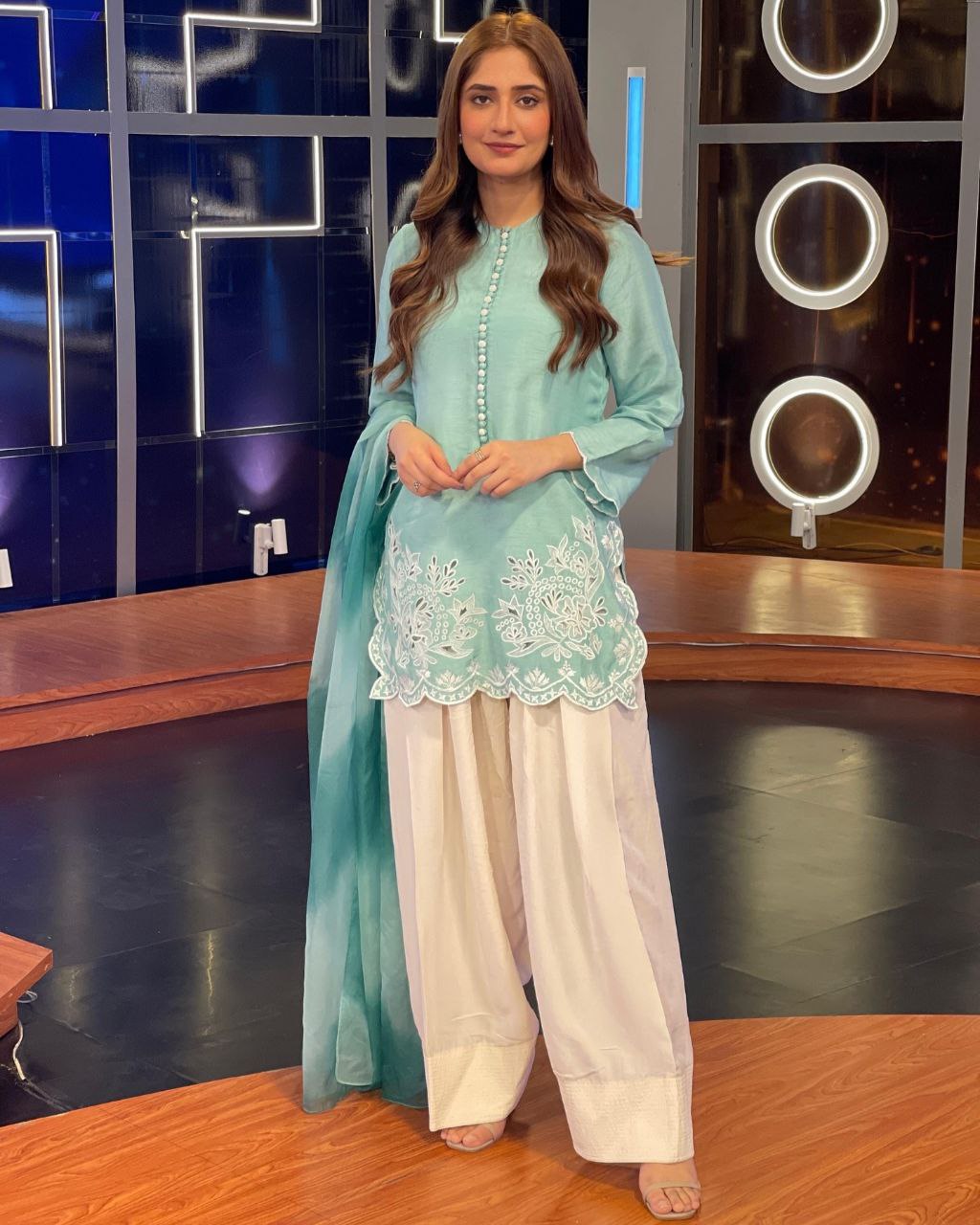 Ready To Wear Sky & Cream Soft Georgette Embroidery Work Farshi Suit With Dupatta