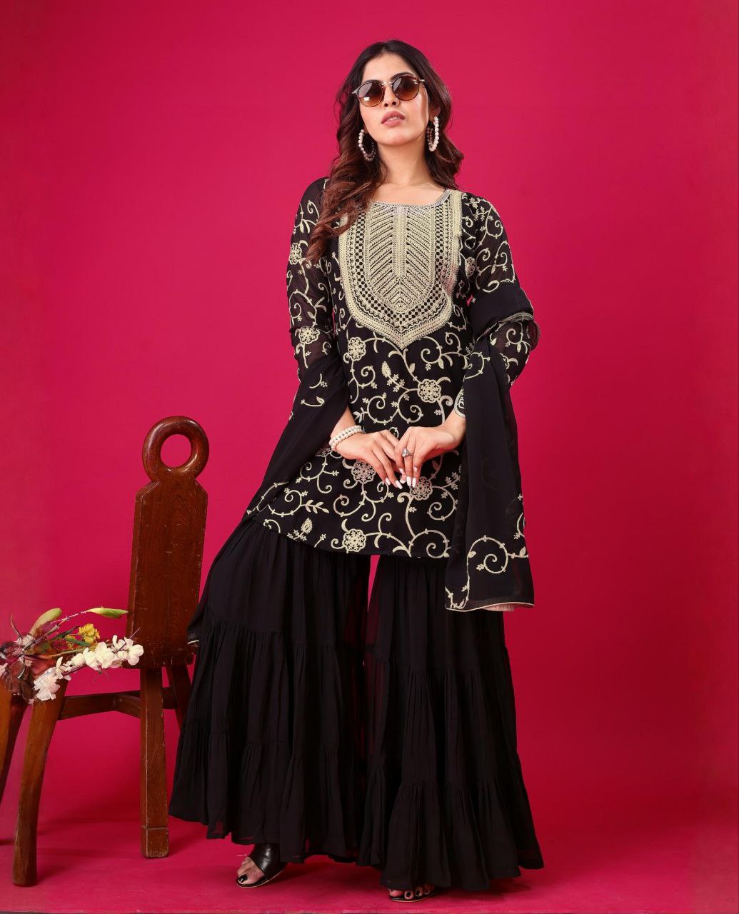 Ready To Wear Black Soft Georgette Embroidery Work Gharara Suit With Dupatta