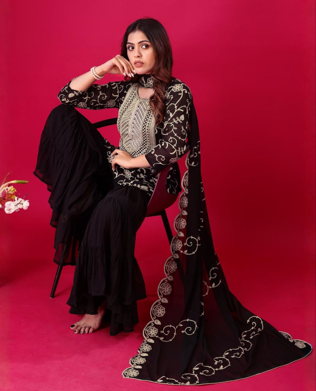 Ready To Wear Black Soft Georgette Embroidery Work Gharara Suit With Dupatta