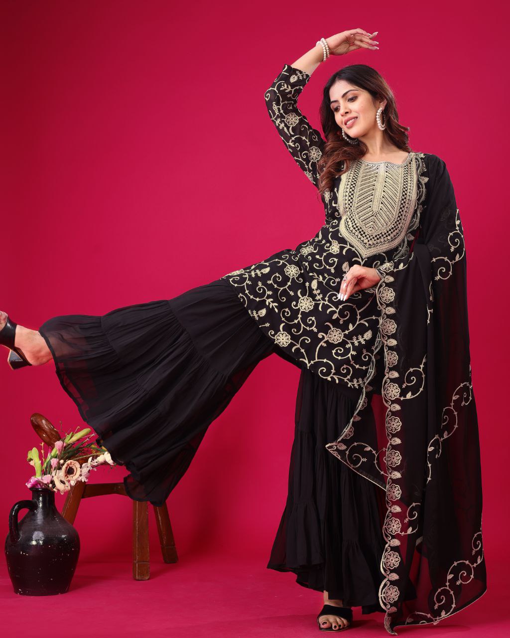 Ready To Wear Black Soft Georgette Embroidery Work Gharara Suit With Dupatta
