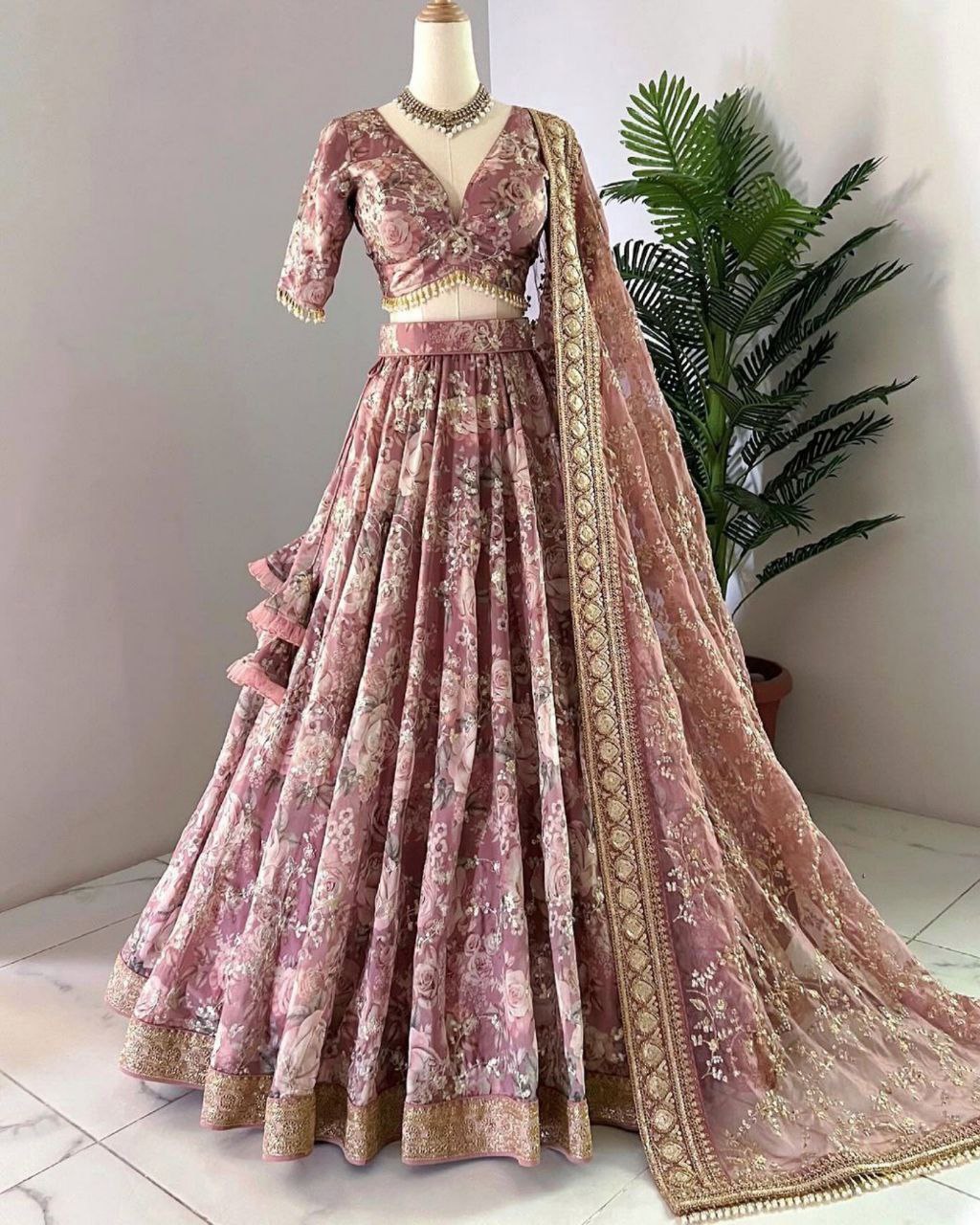 Ready To Wear Copper & Grey Chinon Silk Embroidery Work Lehenga Choli With Dupatta