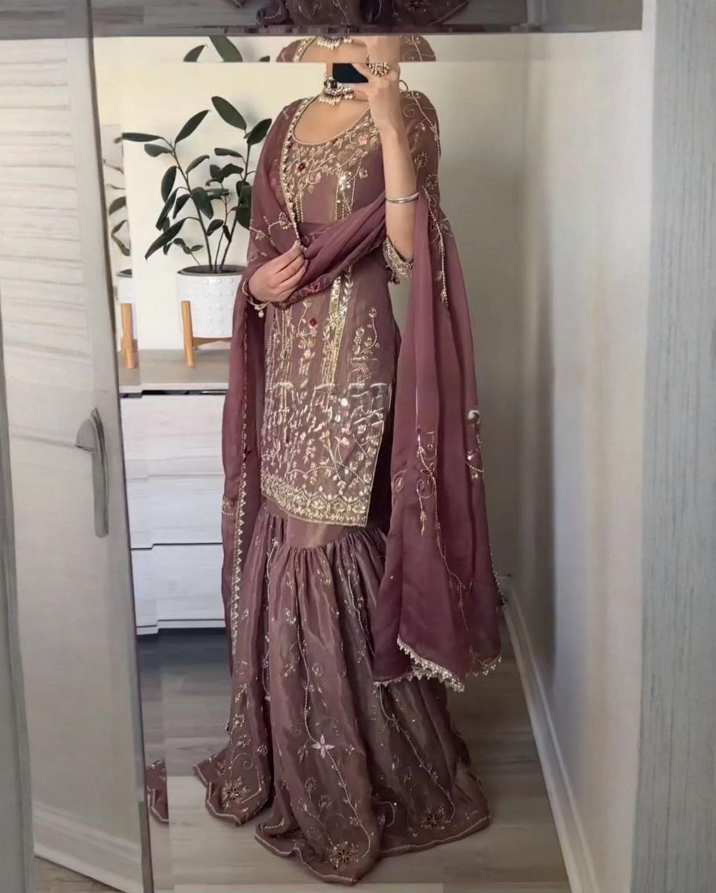 Ready To Wear Copper Rose Silk Embroidery Work Gharara Suit With Dupatta