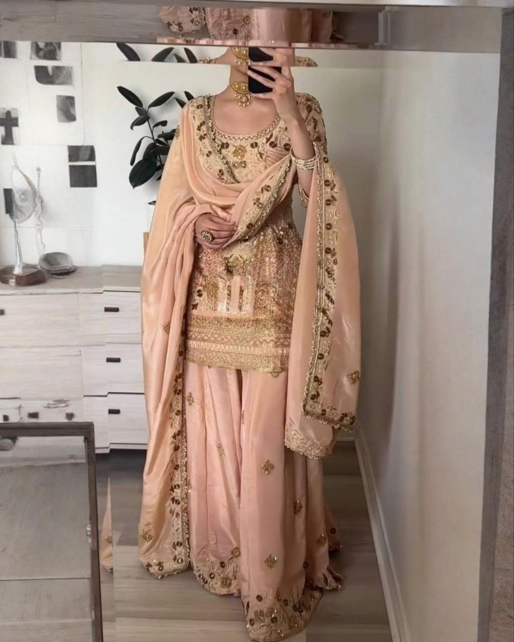 Ready To Wear Peach Silk Embroidery Work Sharara Suit With Dupatta