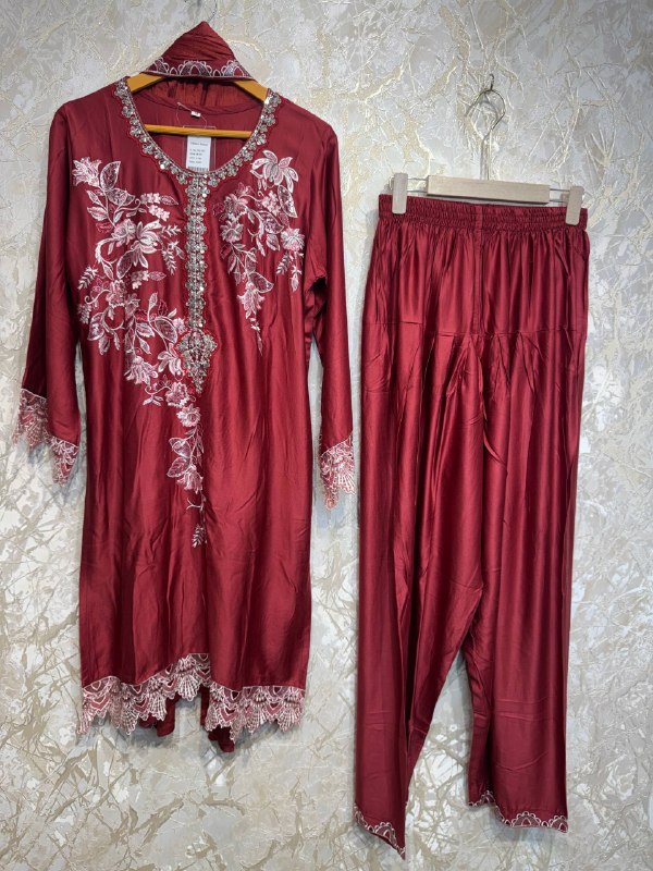 Ready To Wear Cherry Red Rayon Satin Embroidery Kurti Farshi Salwar With Dupatta