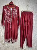Ready To Wear Cherry Red Rayon Satin Embroidery Kurti Farshi Salwar With Dupatta