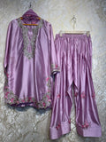 Ready To Wear Pista Green And Purple Natural Crep Silk Embroidery Kurti Farshi Salwar With Dupatta