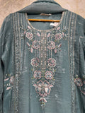 Ready To Wear Sky Blue White Pista Green IMP Crunchy Silk Kurti Palazo With Dupatta