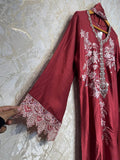 Ready To Wear Cherry Red Rayon Satin Embroidery Kurti Farshi Salwar With Dupatta