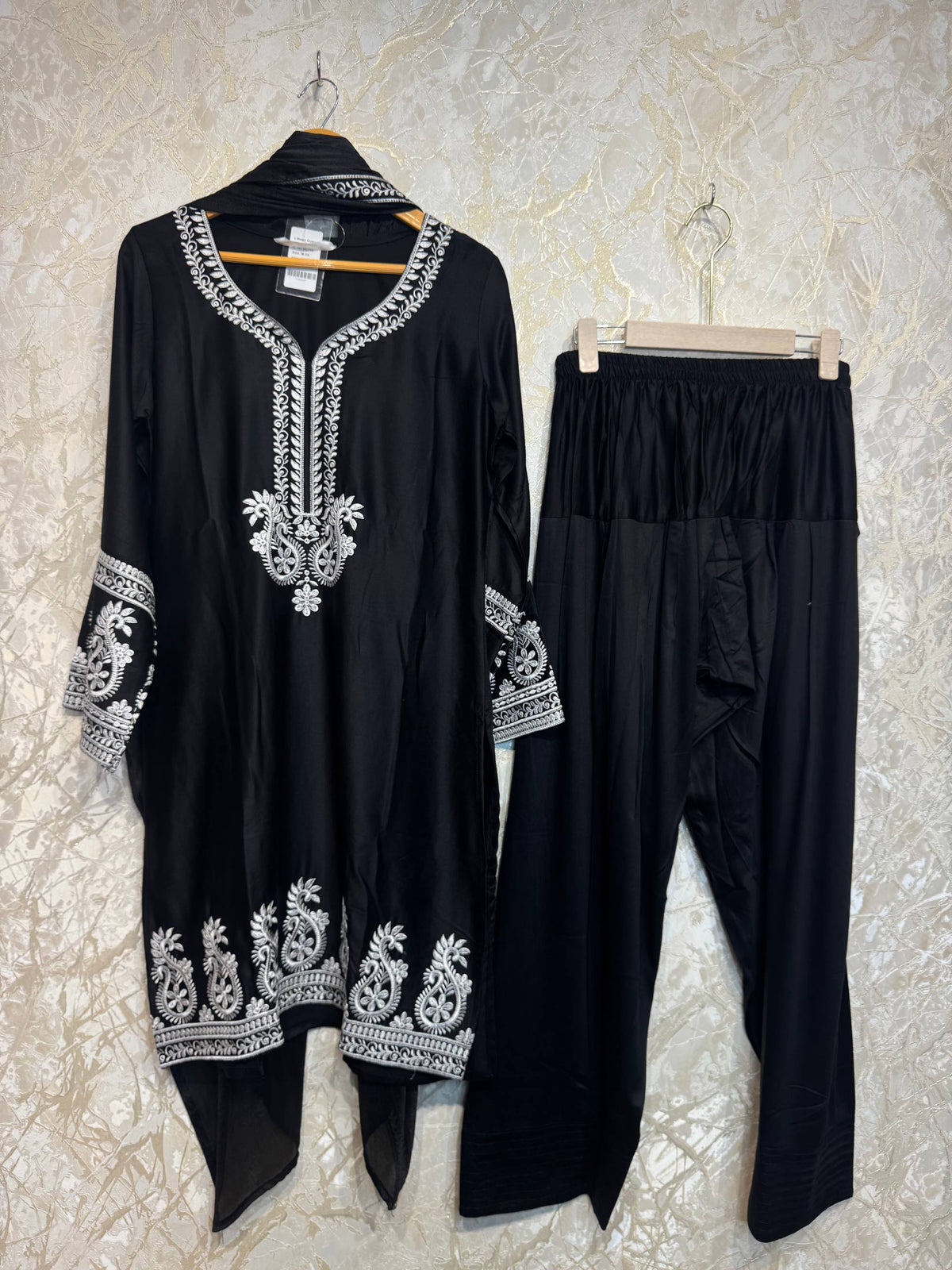 Ready To Wear Black Rayon Satin Embroidery Kurti Farshi Salwar With Dupatta