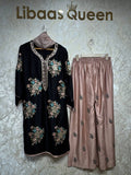 Ready To Wear White Maroon Black Taupe Brown Rayon Satin Embroidery Kurti Palazo With Dupatta