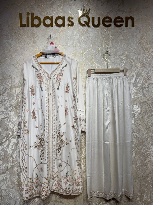 Ready To Wear White Wine Rayon Satin Embroidery Kurti Palazo With Dupatta