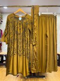 Ready To Wear Cream Antique Gold IMP Rayon Cotton Kashmiri Work Kurti Palazo With Dupatta
