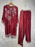 Ready To Wear Cherry Red Rayon Satin Embroidery Kurti Farshi Salwar With Dupatta