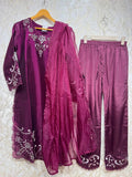 Ready To Wear Wine IMP Crunchy Silk Embroidery Kurti Palazo With Dupatta