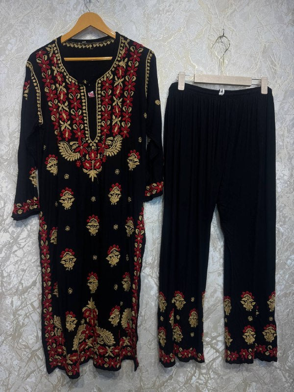 Ready To Wear Black Red Rayon Cotton Chikankari Kurti Palazo