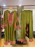 Ready To Wear Dusty Brown Dhani Green IMP Rayon Cotton Thread Work Kurti Palazo With Dupatta