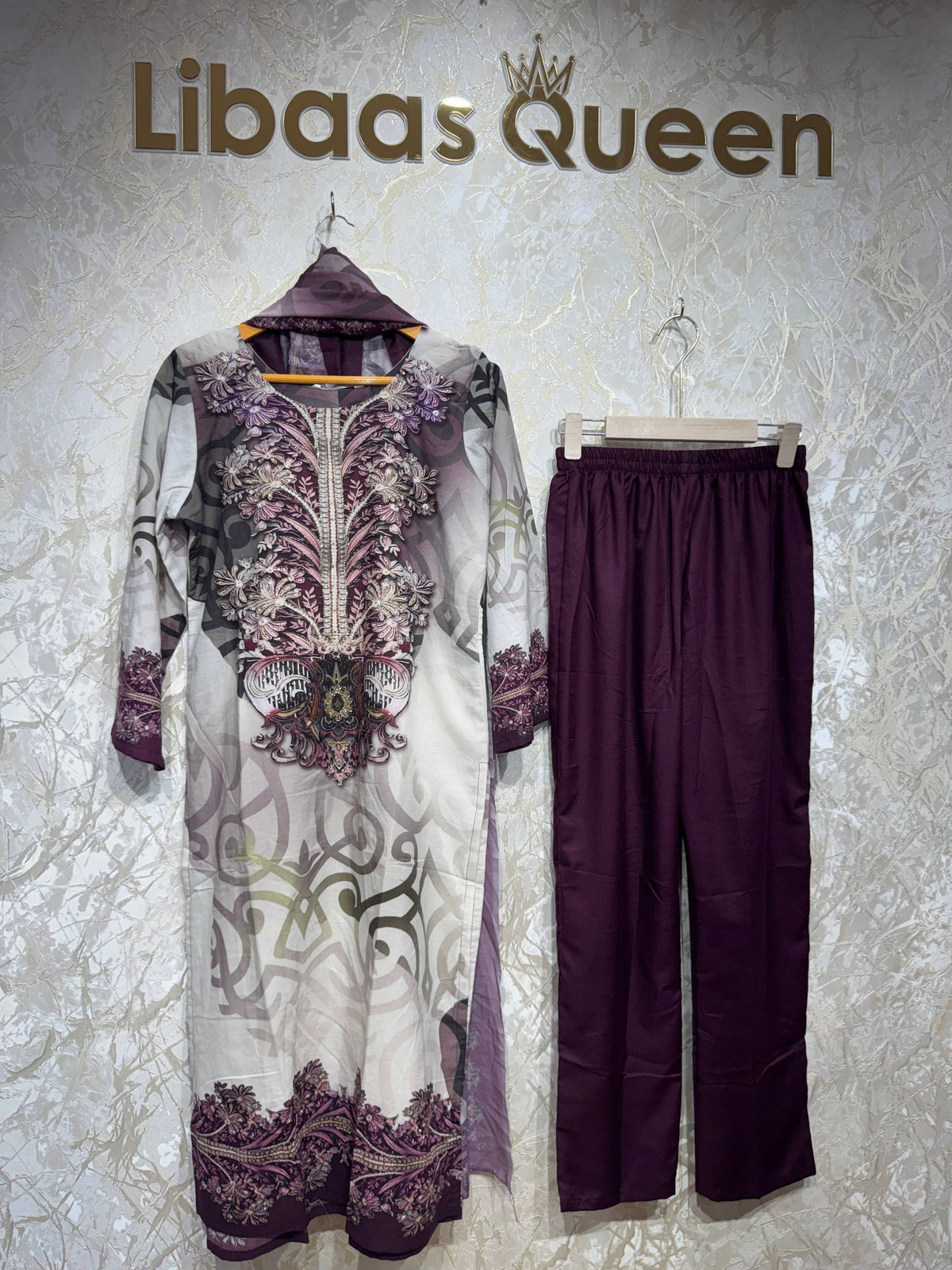 Ready To Wear Purple Green Giza Cotton Embroidery Kurti Pant With Dupatta