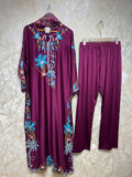Ready To Wear Cream And Wine Rayon Satin Kurti Embroidery Pant With Dupatta