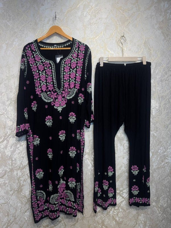 Ready To Wear Black Pink Rayon Cotton Chikankari Kurti Palazo